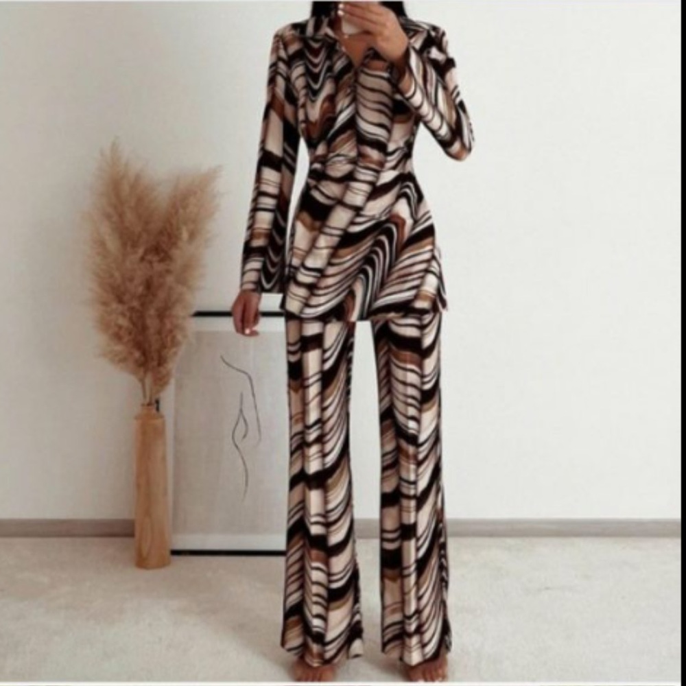 Zara Swirl-Print Wide-Leg Jumpsuit in Black, Cream & Tan - Picture 3 of 11